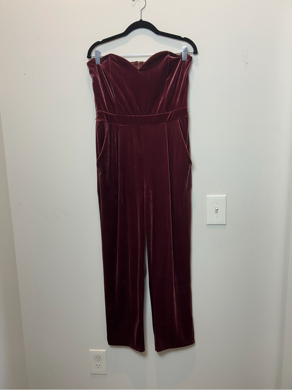 Express Strapless Velvet Jumpsuit in Burgundy